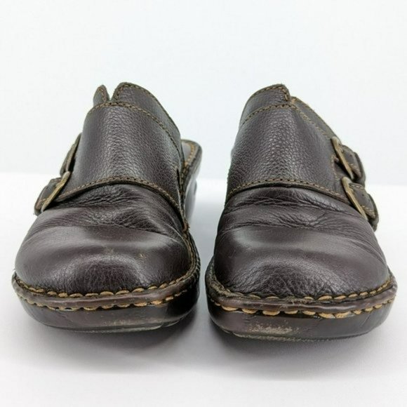 BOC Wedge Comfort Clogs 7 Dark Brown Leather Double Bronze Side Buckle Slip On - Picture 4 of 14